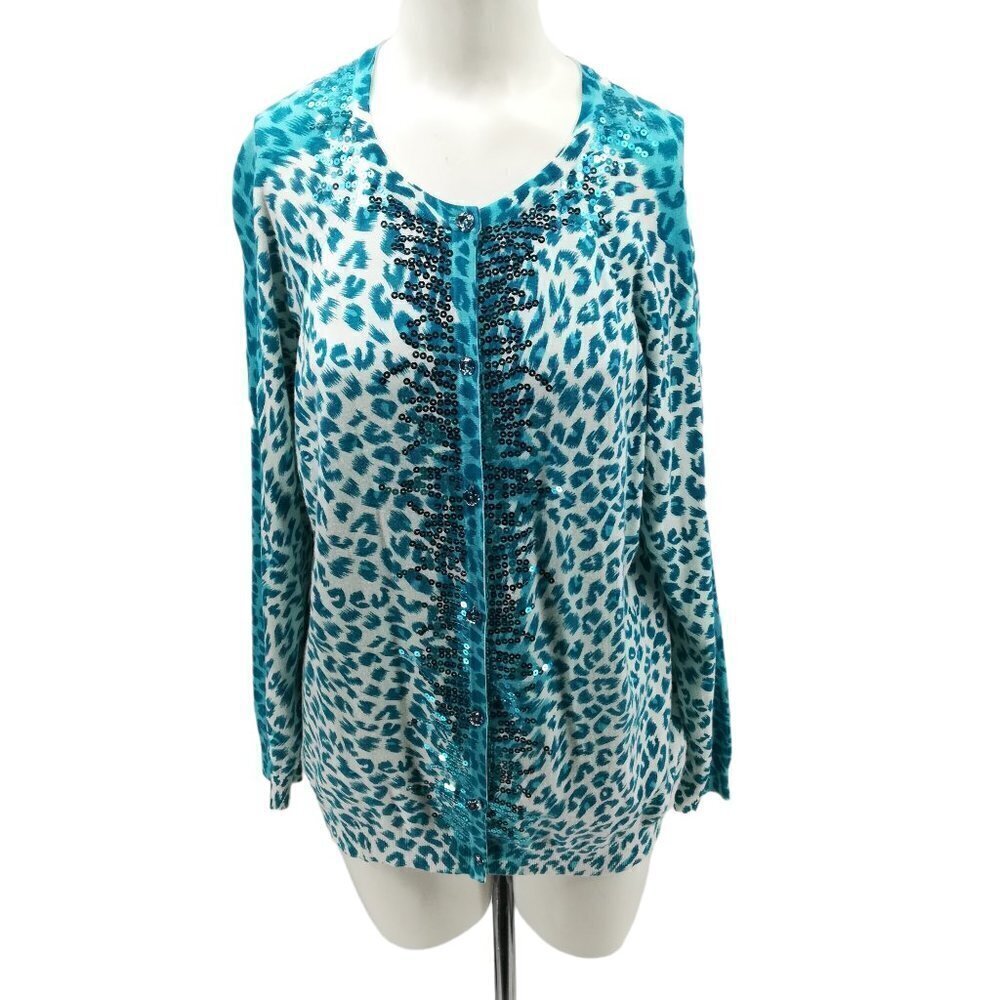 Quacker Factory Blue Leopard Print Sequin Lightweight Cardigan Sweater Size S
